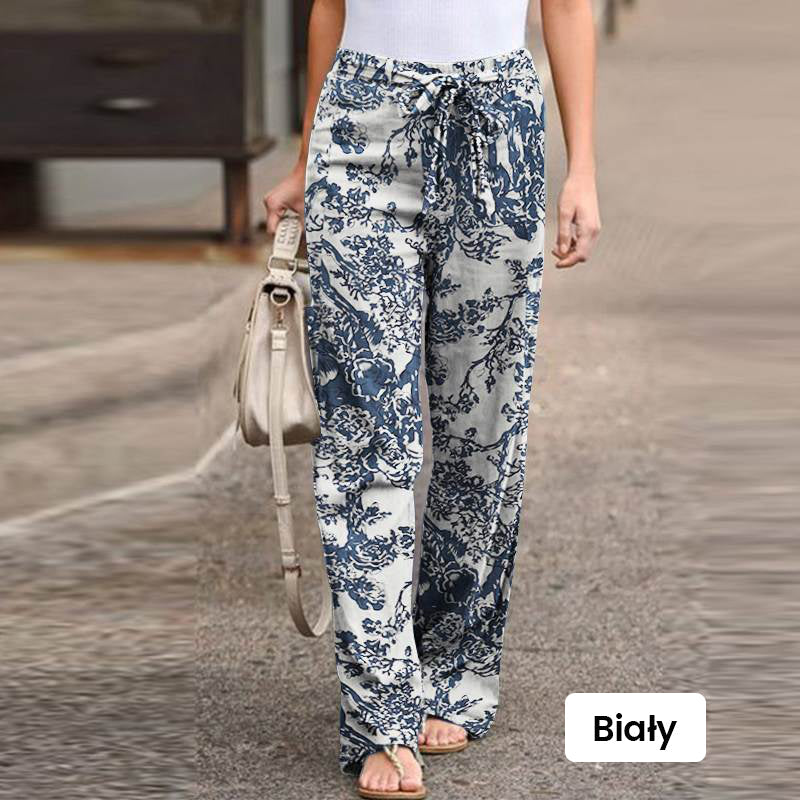 Pantalon pour femme à taille élastique en coton et lin, avec imprimé