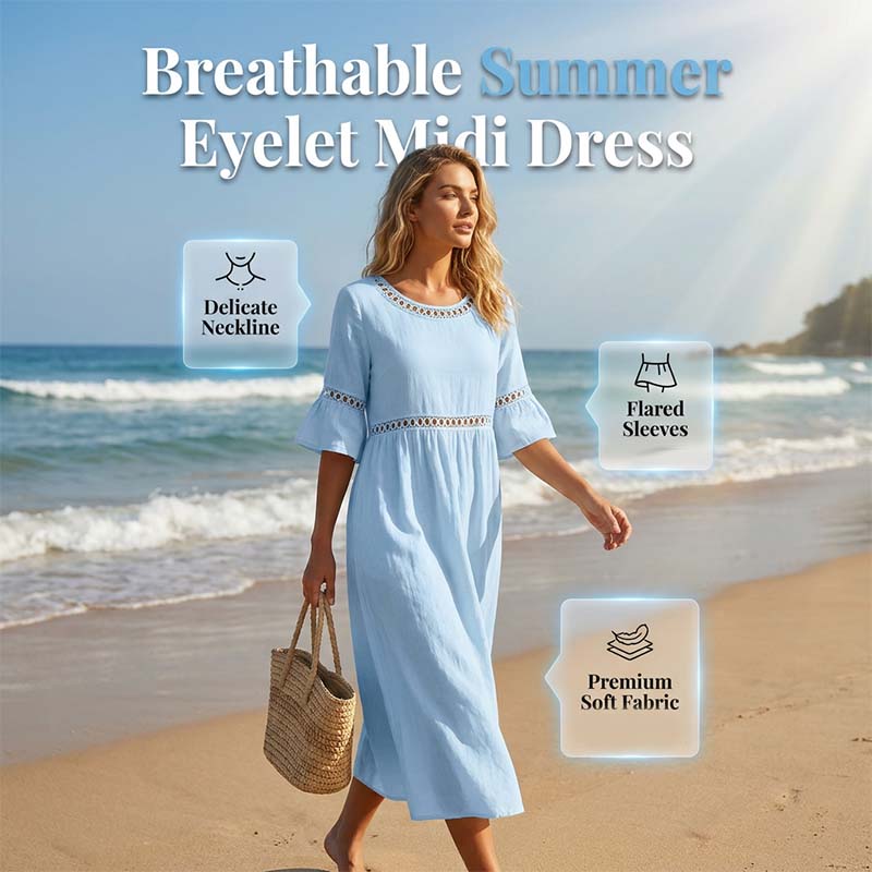Robe Midi à Manches Évasées Brodées pour Femme