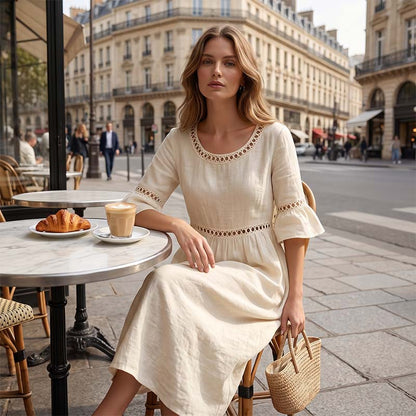 Robe Midi à Manches Évasées Brodées pour Femme