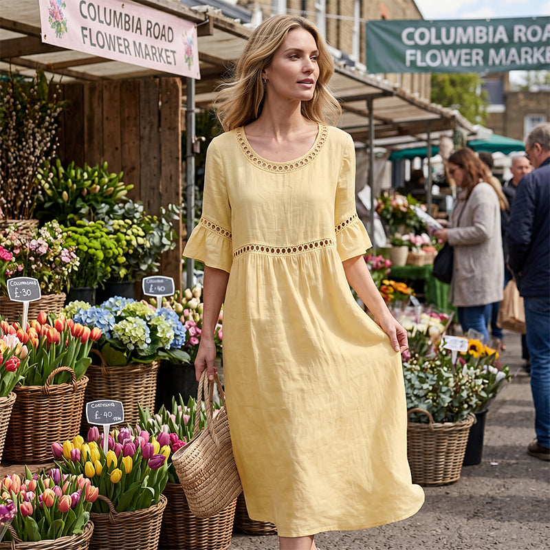 Robe Midi à Manches Évasées Brodées pour Femme