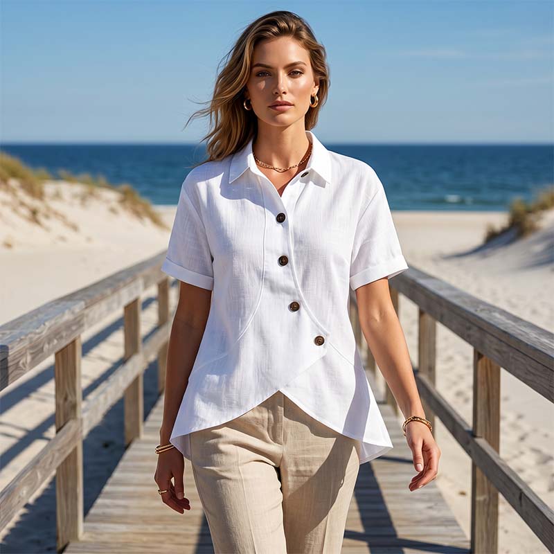 Chemisier Femme Asymétrique Boutonné à Manches Courtes