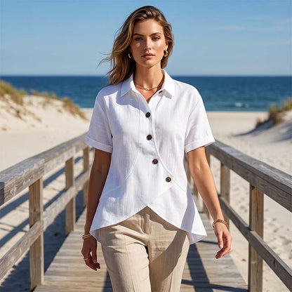 Chemisier Femme Asymétrique Boutonné à Manches Courtes