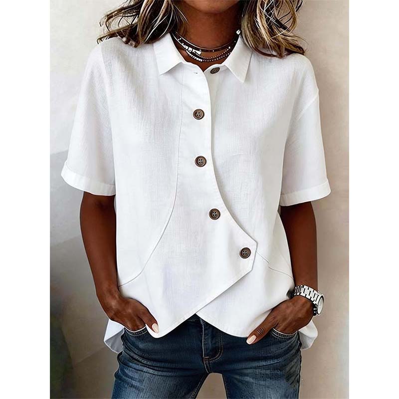 Chemisier Femme Asymétrique Boutonné à Manches Courtes