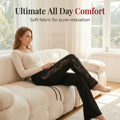 👖🌸 PROMO FLASH 50% ! Pantalon Femme Évasé à Fronces & Empiècement Dentelle – Tissu Léger & Respirant, Coupe Chic & Romantique, Parfait pour Bureau, Soirée ou Occasions Spéciales ✨