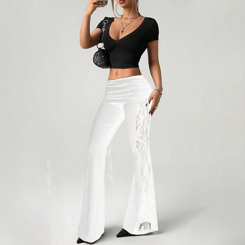 👖🌸 PROMO FLASH 50% ! Pantalon Femme Évasé à Fronces & Empiècement Dentelle – Tissu Léger & Respirant, Coupe Chic & Romantique, Parfait pour Bureau, Soirée ou Occasions Spéciales ✨