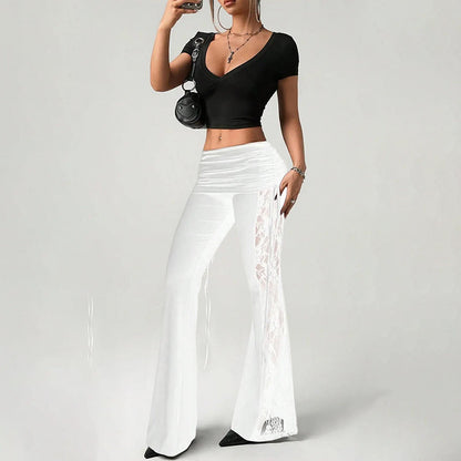 👖🌸 PROMO FLASH 50% ! Pantalon Femme Évasé à Fronces & Empiècement Dentelle – Tissu Léger & Respirant, Coupe Chic & Romantique, Parfait pour Bureau, Soirée ou Occasions Spéciales ✨