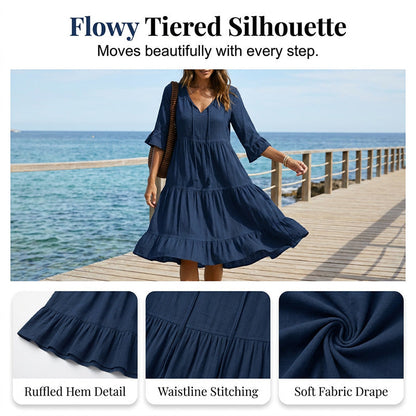 👗Robe midi à volants pour femme, col en V et nœud à pompons