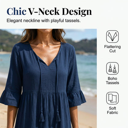 👗Robe midi à volants pour femme, col en V et nœud à pompons