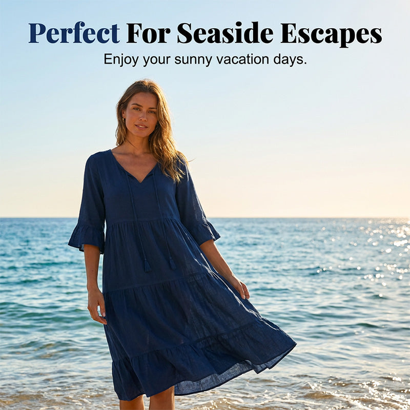 👗Robe midi à volants pour femme, col en V et nœud à pompons