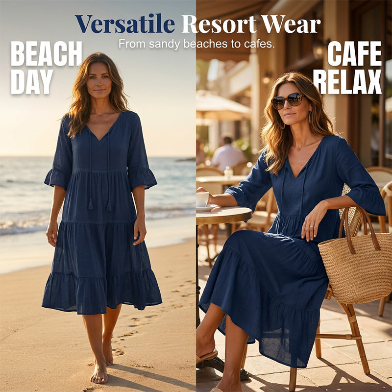 👗Robe midi à volants pour femme, col en V et nœud à pompons
