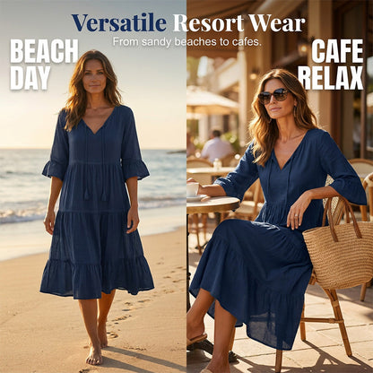 👗Robe midi à volants pour femme, col en V et nœud à pompons