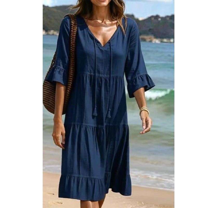 👗Robe midi à volants pour femme, col en V et nœud à pompons