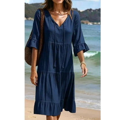 👗Robe midi à volants pour femme, col en V et nœud à pompons