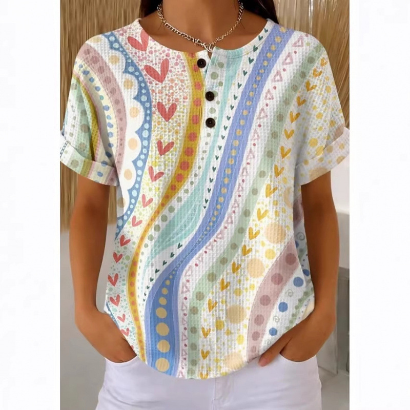 T-shirt Henley pour femme à imprimé abstrait coloré
