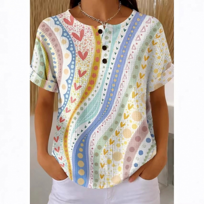T-shirt Henley pour femme à imprimé abstrait coloré
