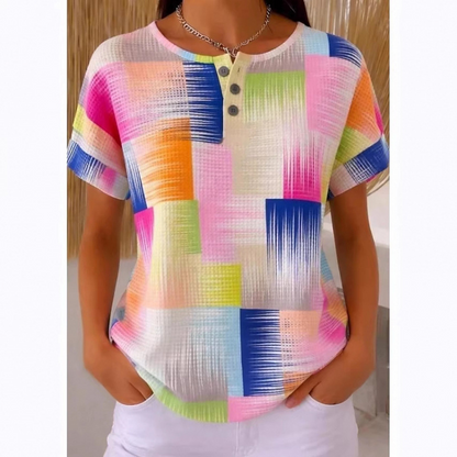 T-shirt Henley pour femme à imprimé abstrait coloré