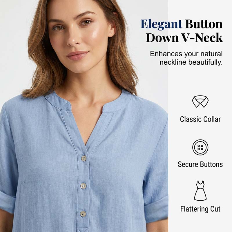 Robe Tunique Femme Décontractée à Col V et Boutons