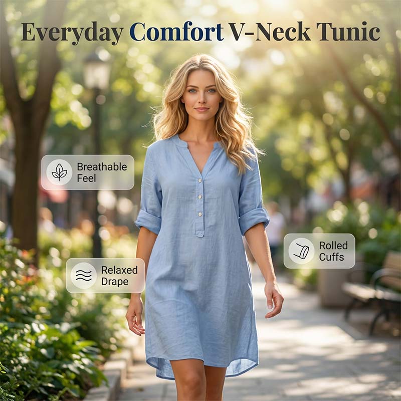 Robe Tunique Femme Décontractée à Col V et Boutons