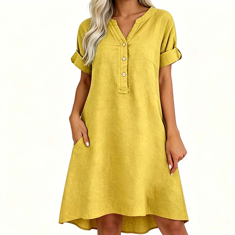 Robe Tunique Femme Décontractée à Col V et Boutons