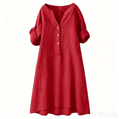 Robe Tunique Femme Décontractée à Col V et Boutons