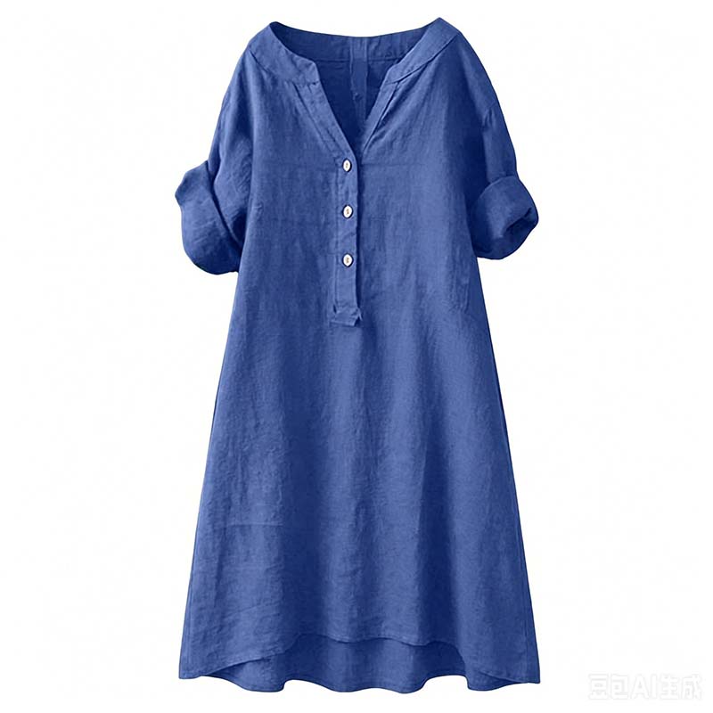 Robe Tunique Femme Décontractée à Col V et Boutons