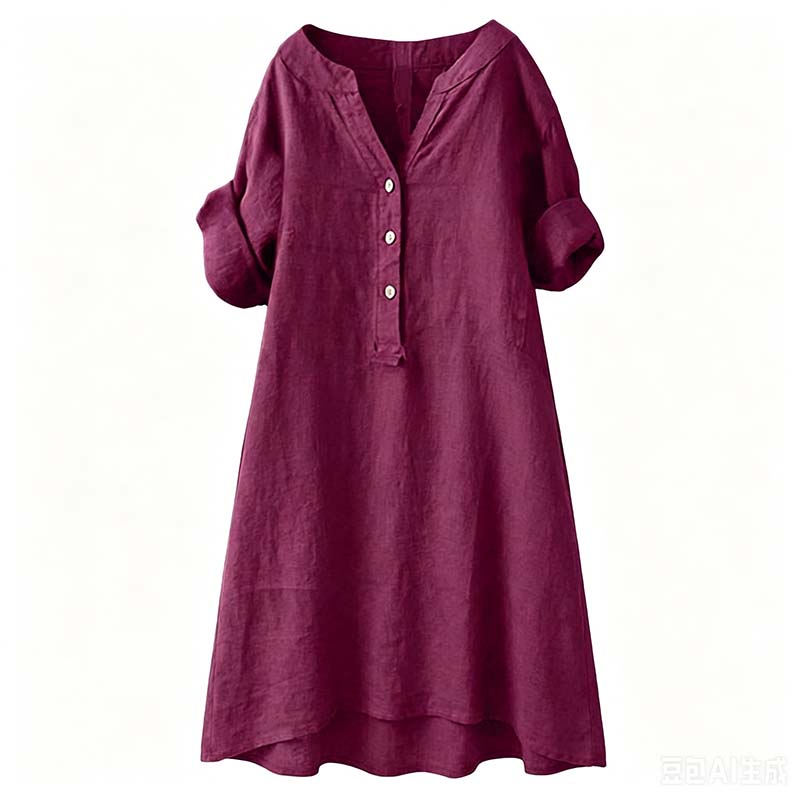 Robe Tunique Femme Décontractée à Col V et Boutons