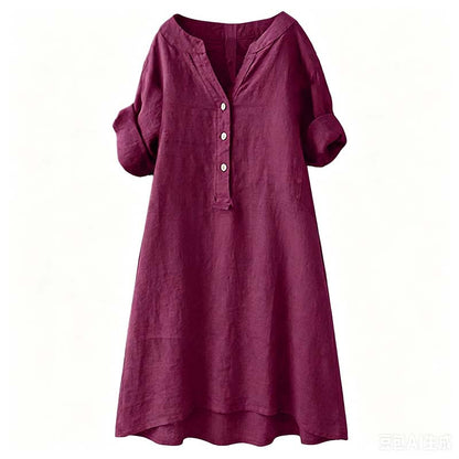 Robe Tunique Femme Décontractée à Col V et Boutons