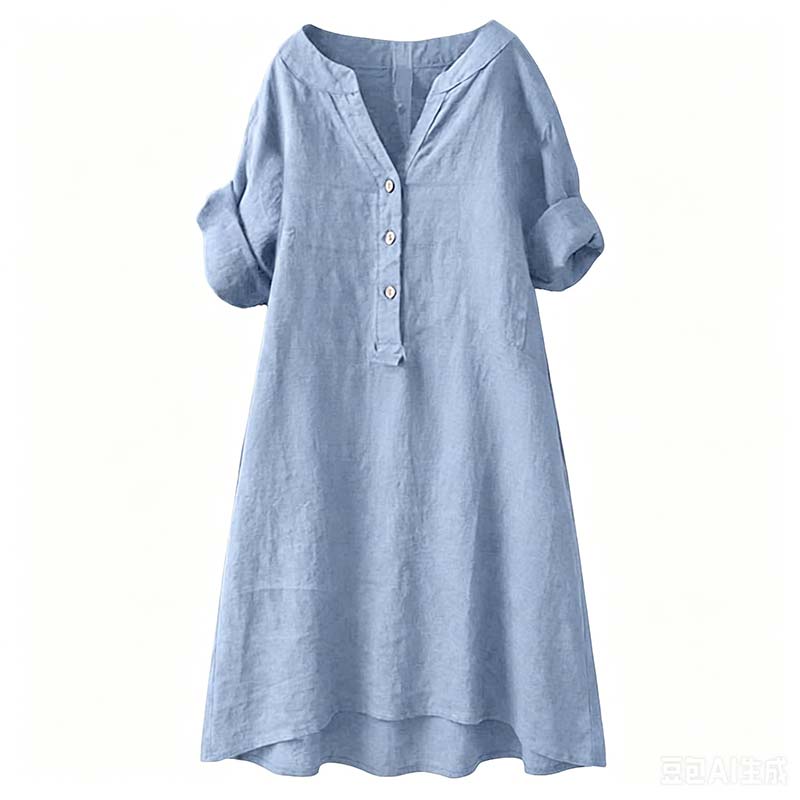 Robe Tunique Femme Décontractée à Col V et Boutons