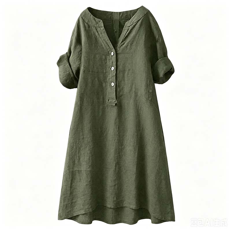 Robe Tunique Femme Décontractée à Col V et Boutons