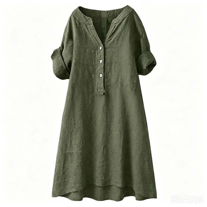 Robe Tunique Femme Décontractée à Col V et Boutons