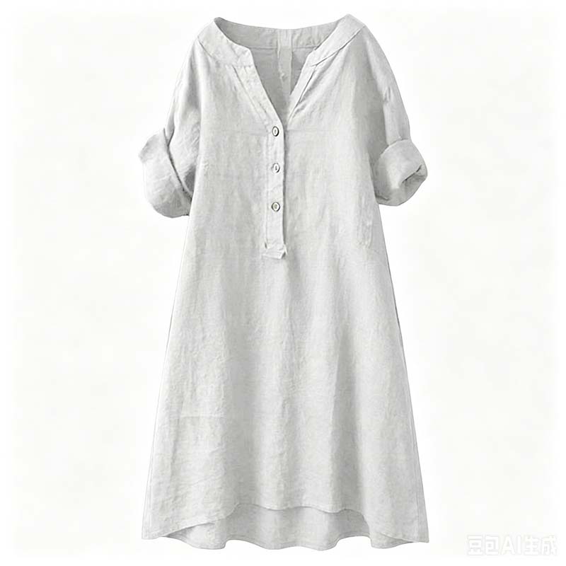 Robe Tunique Femme Décontractée à Col V et Boutons
