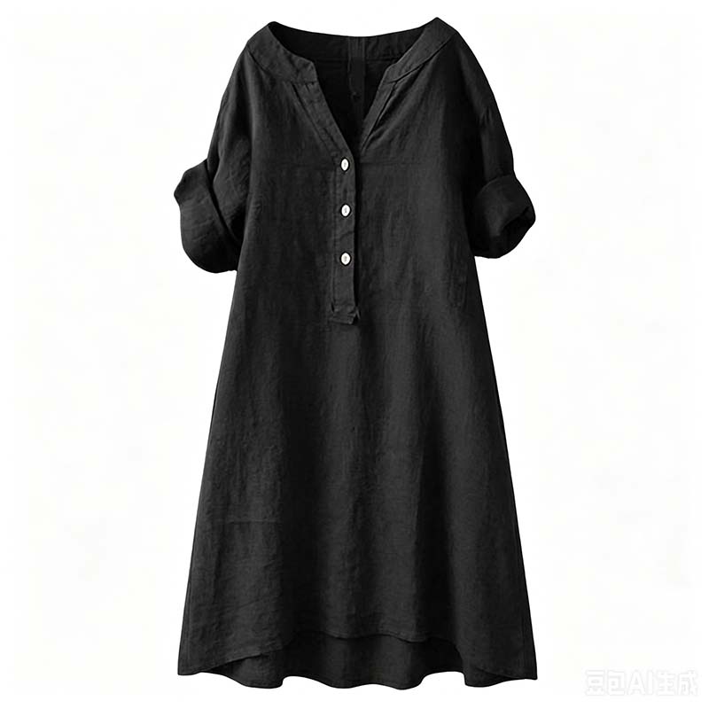 Robe Tunique Femme Décontractée à Col V et Boutons