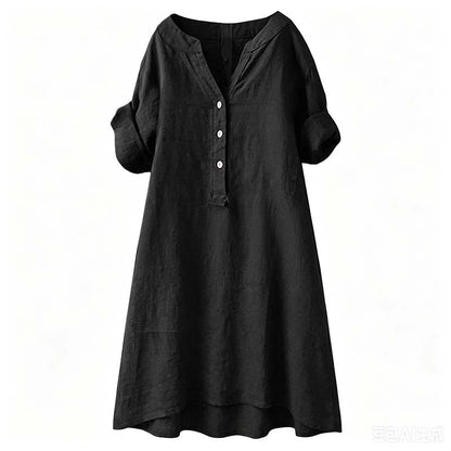 Robe Tunique Femme Décontractée à Col V et Boutons