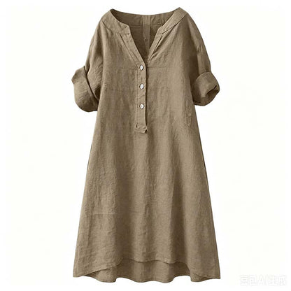 Robe Tunique Femme Décontractée à Col V et Boutons