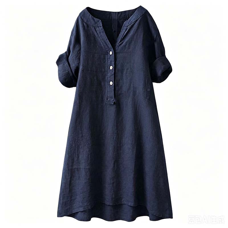 Robe Tunique Femme Décontractée à Col V et Boutons