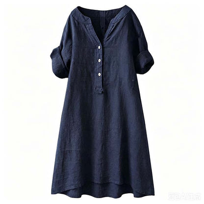 Robe Tunique Femme Décontractée à Col V et Boutons