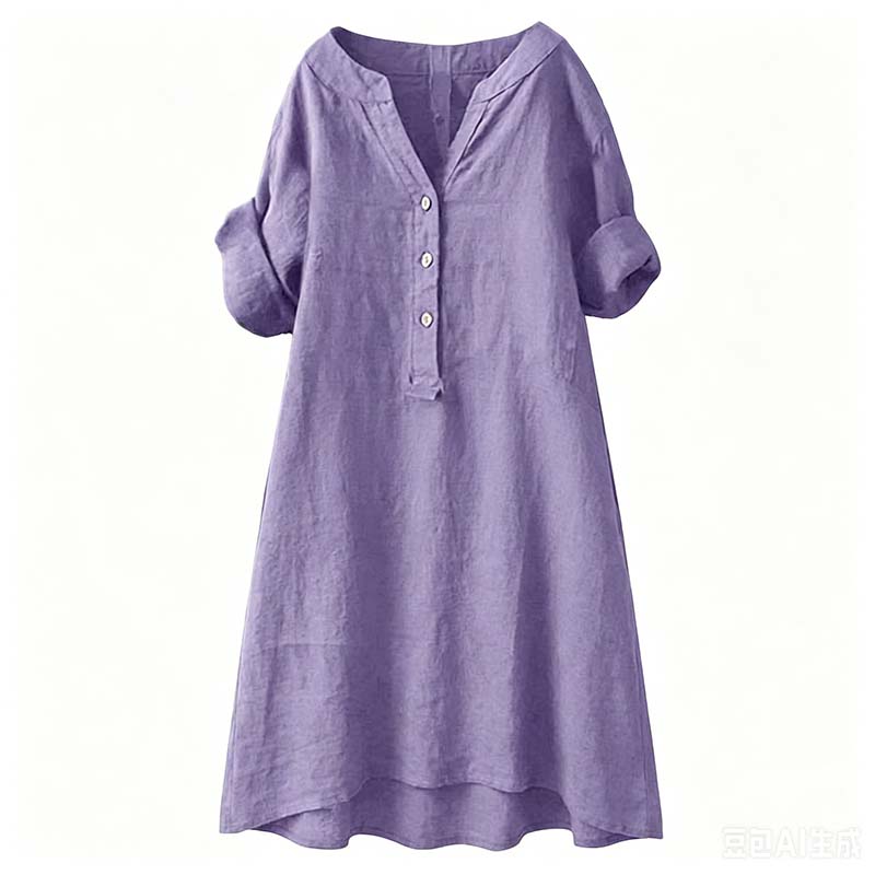 Robe Tunique Femme Décontractée à Col V et Boutons