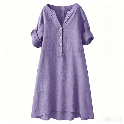 Robe Tunique Femme Décontractée à Col V et Boutons