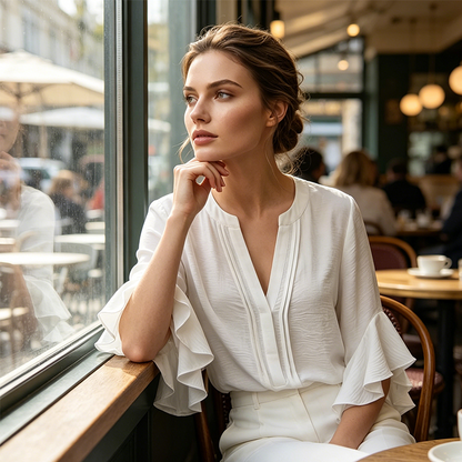 👚 50% DE RÉDUCTION 💃 Haut décontracté à col en V avec volants pour femme – Tissu léger, coupe fluide & romantique – parfait pour un look chic ou décontracté au quotidien 🌸