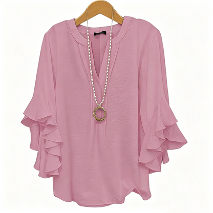👚 50% DE RÉDUCTION 💃 Haut décontracté à col en V avec volants pour femme – Tissu léger, coupe fluide & romantique – parfait pour un look chic ou décontracté au quotidien 🌸