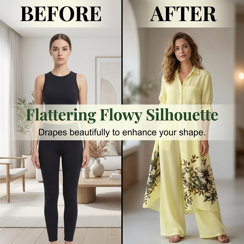 Ensemble 2 Pièces - Chemise Boutonnée à Imprimé Fleuri Artistique et Pantalon Assorti