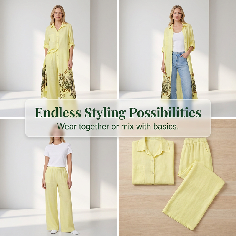 Ensemble 2 Pièces - Chemise Boutonnée à Imprimé Fleuri Artistique et Pantalon Assorti