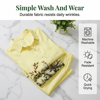 Ensemble 2 Pièces - Chemise Boutonnée à Imprimé Fleuri Artistique et Pantalon Assorti