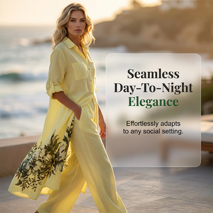 Ensemble 2 Pièces - Chemise Boutonnée à Imprimé Fleuri Artistique et Pantalon Assorti