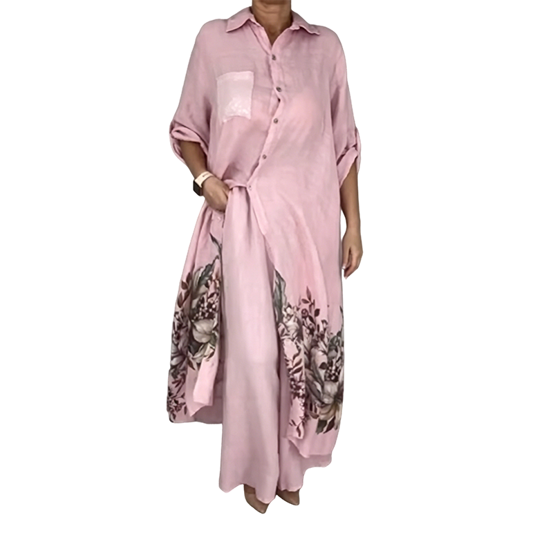 Ensemble 2 Pièces - Chemise Boutonnée à Imprimé Fleuri Artistique et Pantalon Assorti