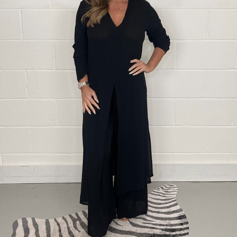 Ensemble femme 2 pièces ample – haut long fendu et pantalon