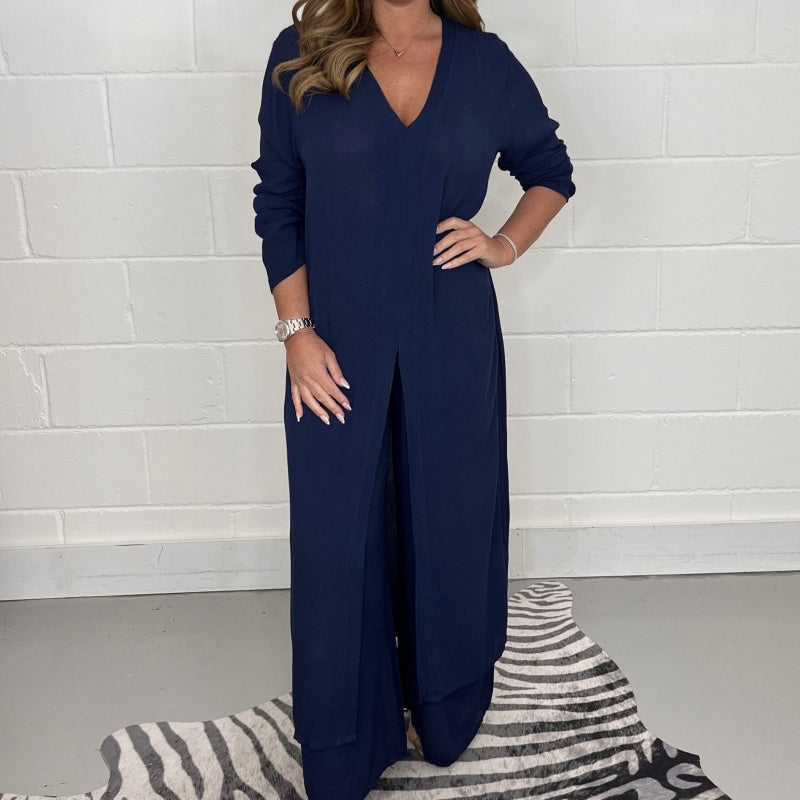 Ensemble femme 2 pièces ample – haut long fendu et pantalon