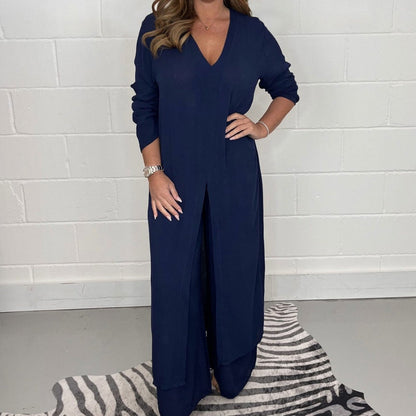 Ensemble femme 2 pièces ample – haut long fendu et pantalon