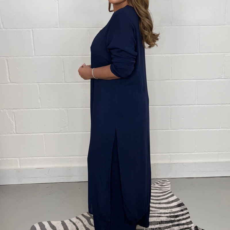 Ensemble femme 2 pièces ample – haut long fendu et pantalon
