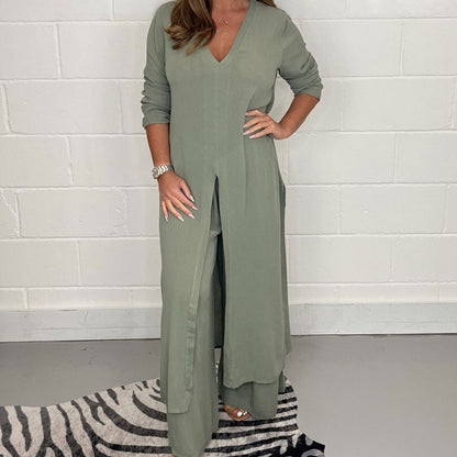Ensemble femme 2 pièces ample – haut long fendu et pantalon